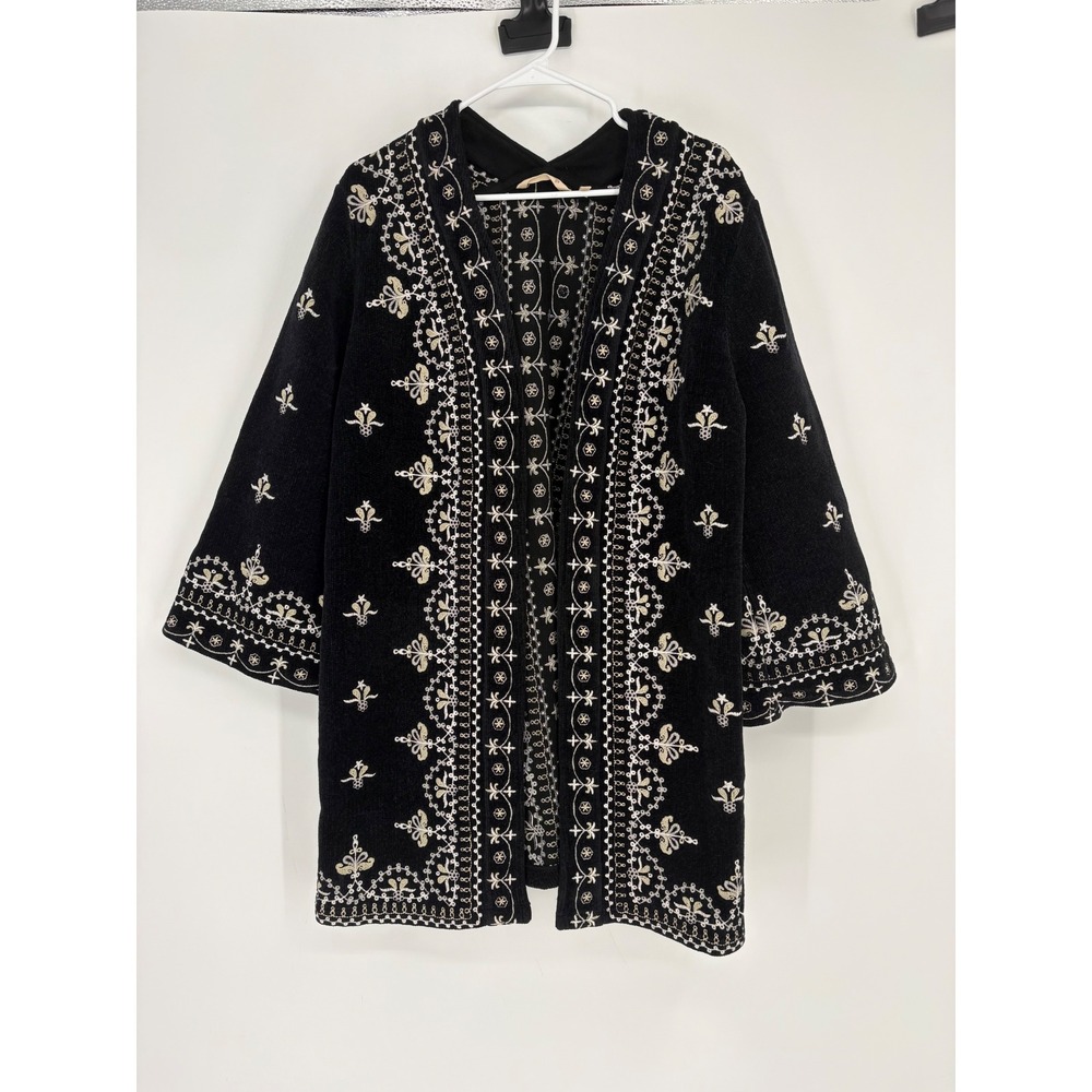Soft Surroundings Cardigan Womens L Black Embroidered Ribbed Open Front